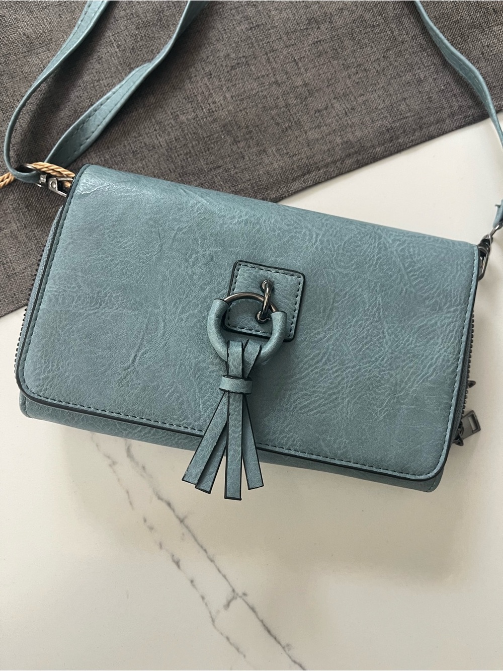 Light Blue Crossbody Bag with Tassel Accent